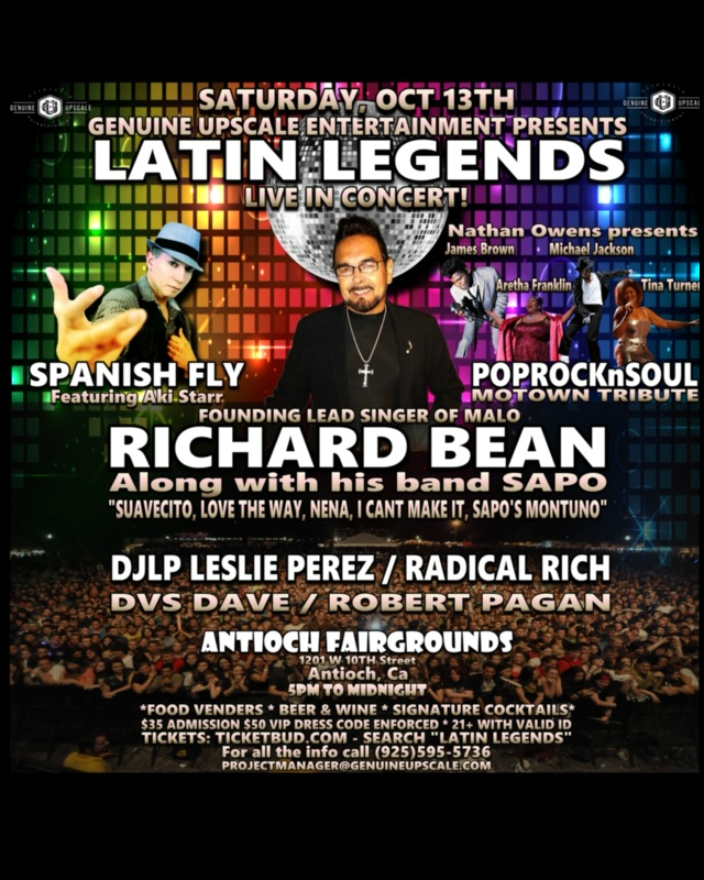 Event poster of Latin-Legends 10-13-2018 featuring Richard Bean, Aki Starr, and motown tribute band POPROCKnSOUL